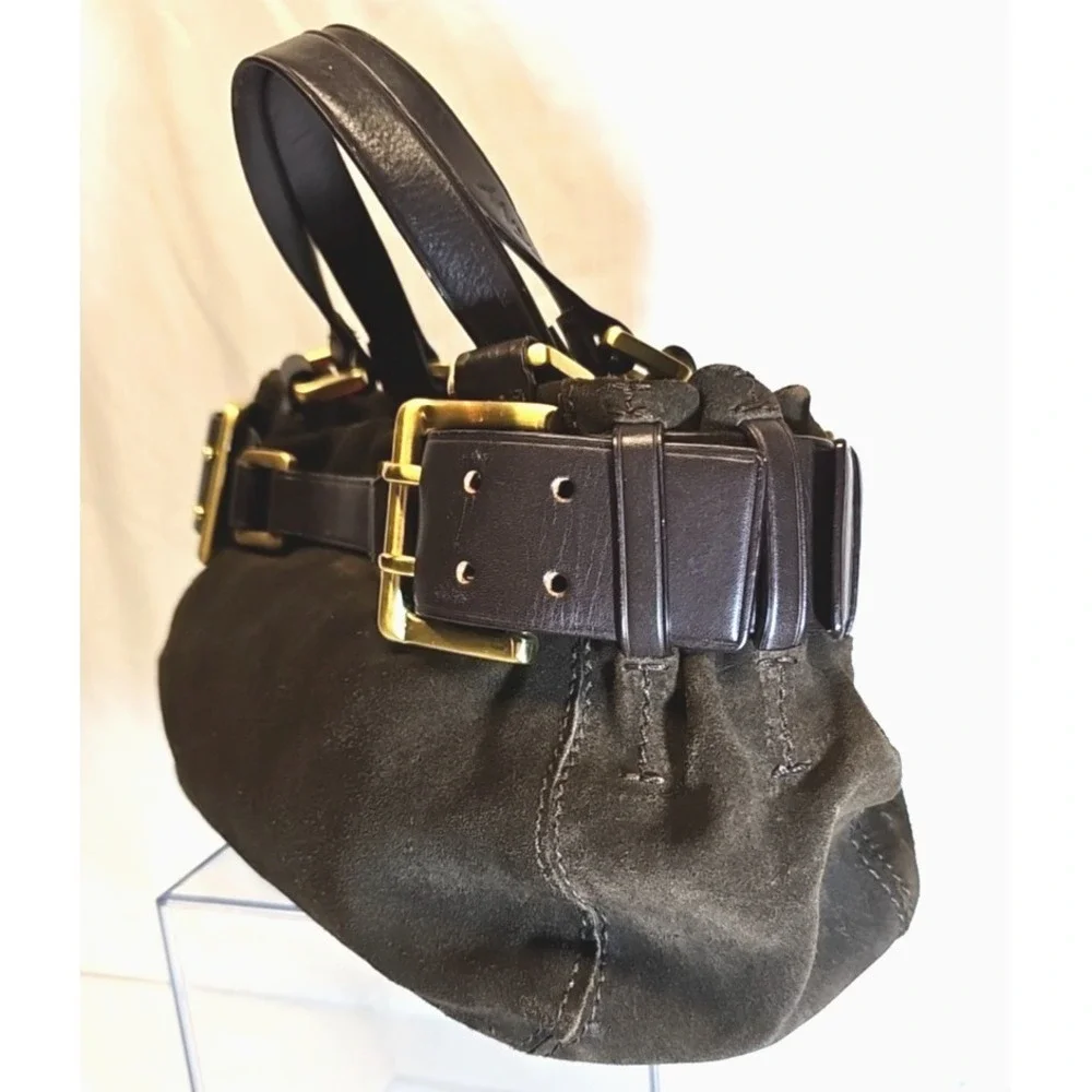 ✨ Y2K  Donna Karan Chocolate Suede Double Buckle Mini-Satchel, BOHO Slouchy Edgy